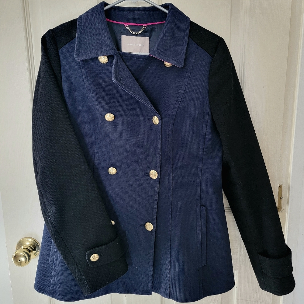 NEW Banana Republic Women's Medium Coat, Black and Blue w Gold Buttons